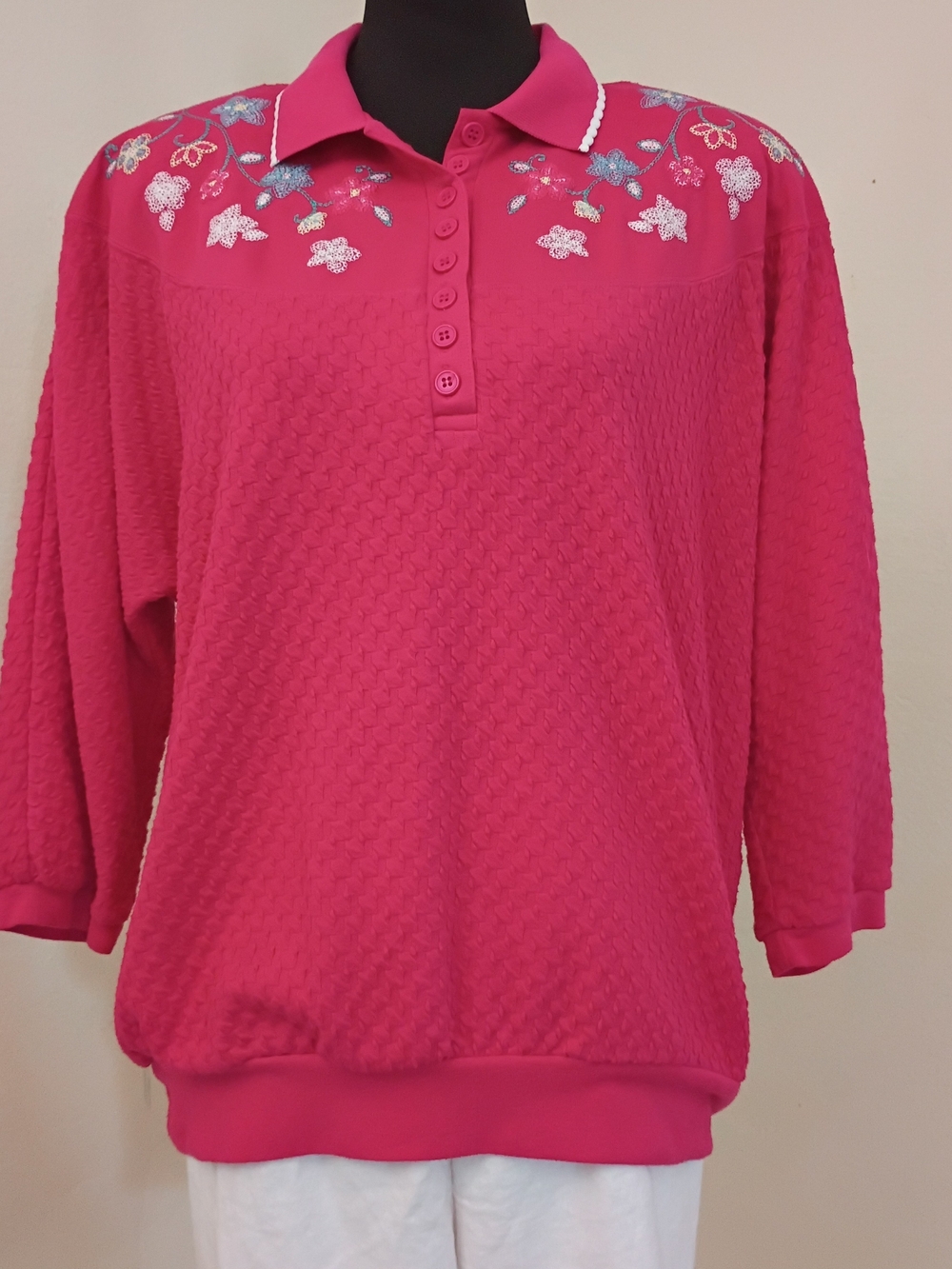 Koret Hot Pink Embroidered Polo-Style Vintage Knit Top